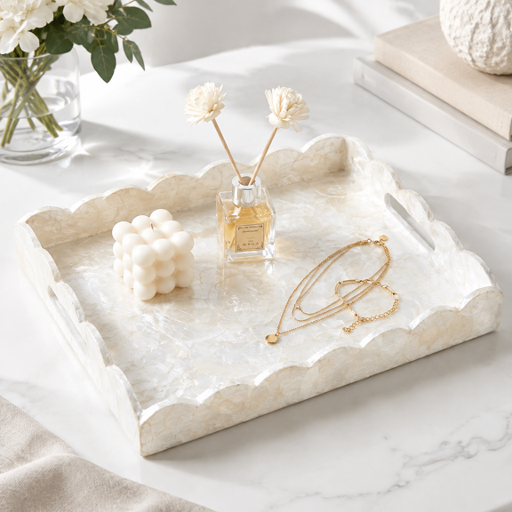 Rectangular Capiz Decorative Tray for Coffee Table, Handcrafted with Scalloped Edges