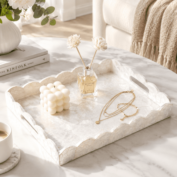 Rectangular Capiz Shell Decorative Serving Tray, 17.32 x 14.09 x 3.23 inches