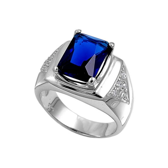 Rectangular Center Simulated Sapphire Cubic Zirconia Men's Ring Sterling Silver 925