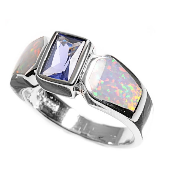 Rectangular Center Simulated Sapphire Cubic Zirconia White Simulated Opal Ring Sterling Silver Size 8