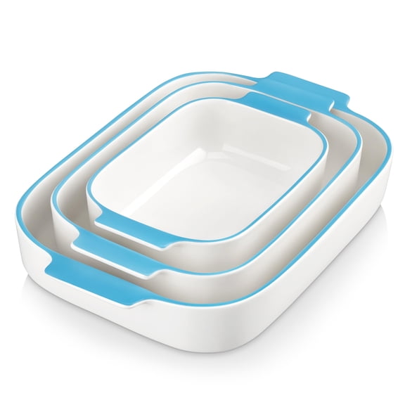 Rectangular Ceramic Baking Set 3-Piece White-Blue Trim Oven Casserole Lasagna Bakeware