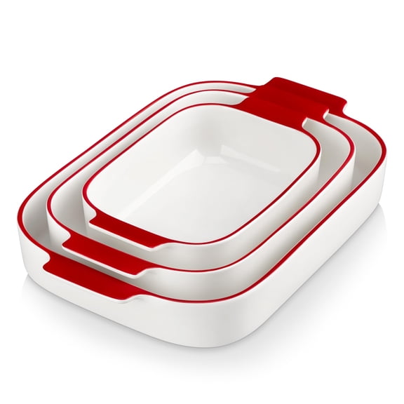 Rectangular Ceramic Baking Set 3-Piece White-Red Trim Oven Casserole Lasagna Bakeware