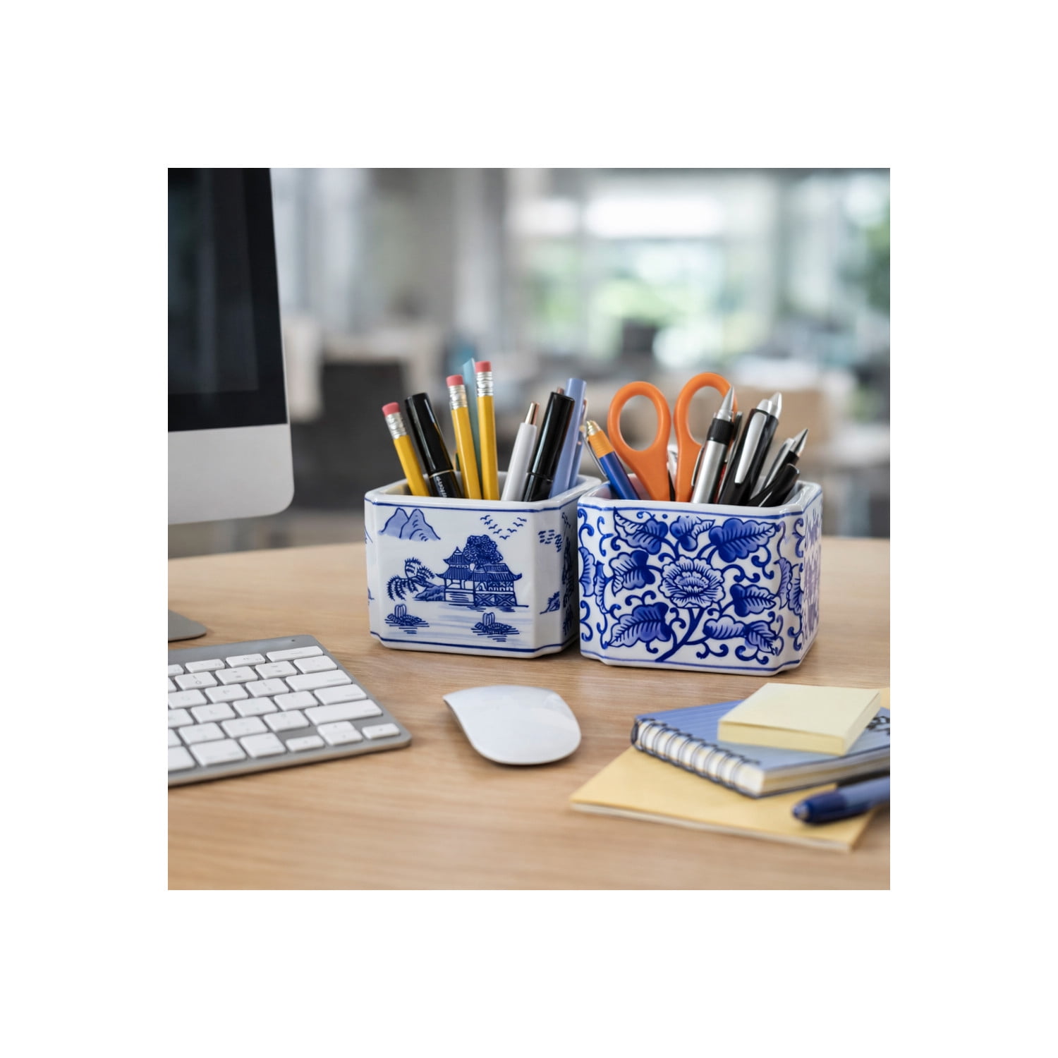 Rectangular Ceramic Chinoserie Desk Organizer for Office Storage -  Traditional Designs for Small Desk and Office Accessory - Workspace Storage and Decor for Home Libary - Set of 2, 4", Blue & White