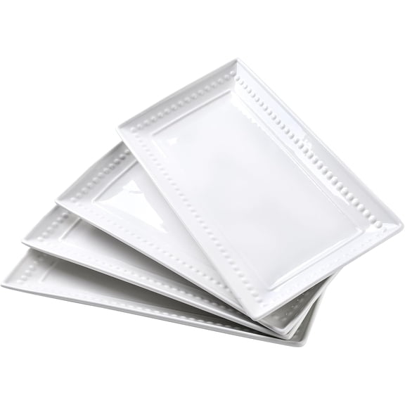 Rectangular Ceramic Serving Platters Set of 4, Large Embossed White Porcelain Trays for Steak, Appetizers, Dessert, Tacos, Oven and Dishwasher Safe