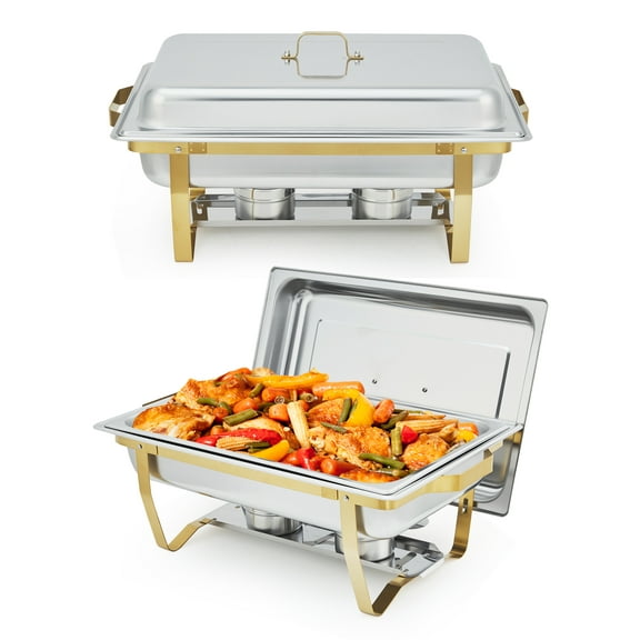 Rectangular Chafing Dish Buffet Set of 2 with Half Gold Trim, Single Compartment Stainless Steel Food Warmer, Complete Buffet Servers for Catering, Wedding Events, Home Parties