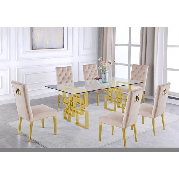 Rectangular Clear Glass 5pc Dining Set with Gold Stainless Steel Base