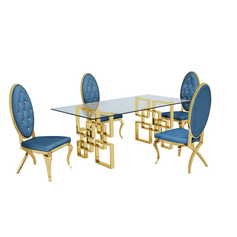 Rectangular Clear Glass Dining Set with Gold Base and Blue Velvet Chairs