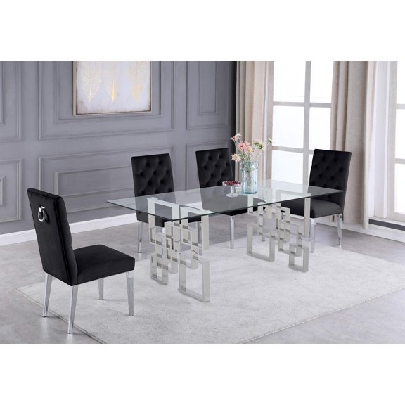 Rectangular Clear Glass 5pc Dining Set with Silver Stainless Steel Base
