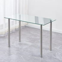 Rectangular Clear Tempered Glass Dining Table with Metal Chrome Silver Legs, Glass Kitchen Table for Restaurant, Apartment and Small Space