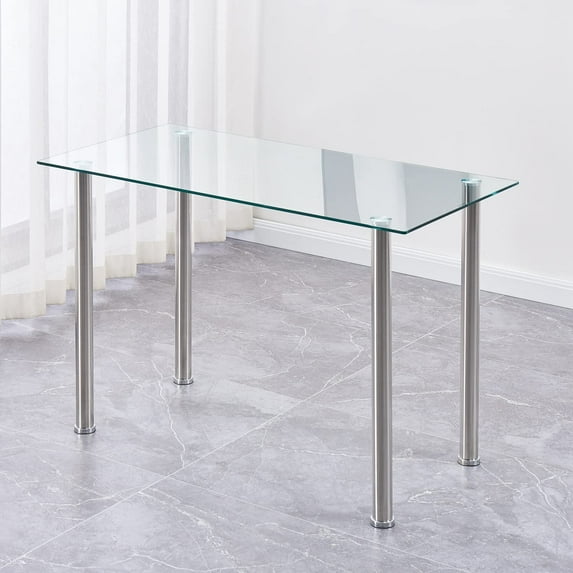 Rectangular Clear Tempered Glass Dining Table with Metal Chrome Silver Legs, Glass Kitchen Table for Restaurant, Apartment and Small Space