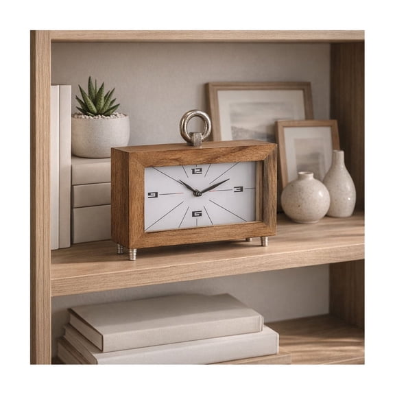Rectangular Clock for Living Room Decor - Small Desk Clock for Office with Modern Wood and Metal Design - Decorative Accent for Mantel, Table Display, Console, and Home Styling- 10", Brown