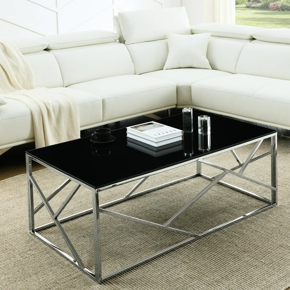 Rectangular Coffee Accent Table For Bedroom & Living Room, Stainless Steel Frame, Black Glass Top - Polished Tempered Finish
