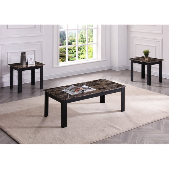 Rectangular Coffee & End Table Trio | Fits Contemporary Homes | Brown Wood with Faux Marble | Easy Setup
