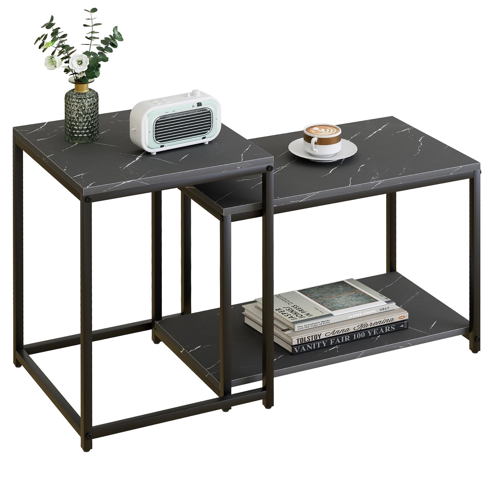 Rectangular Coffee Table - Black, Modern Design for Living Room and Bedroom, Faux Marble Center Table with Storage, Set of 2 Nesting Side Tables