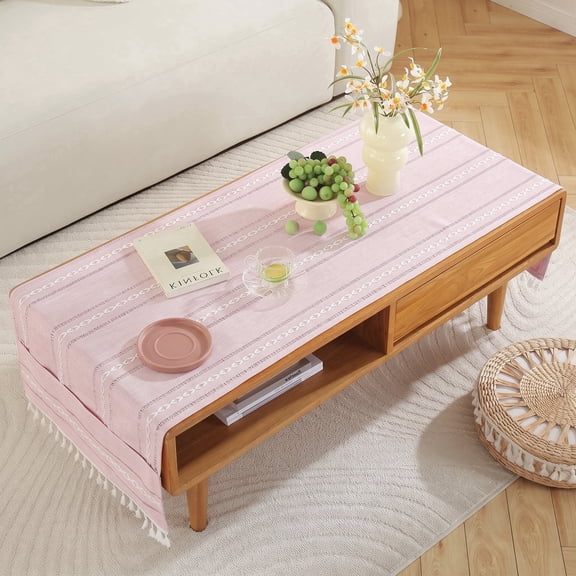 Rectangular Coffee Table Cover - 20x60 Inch Striped Embroidered Tablecloth with Pockets and Tassels