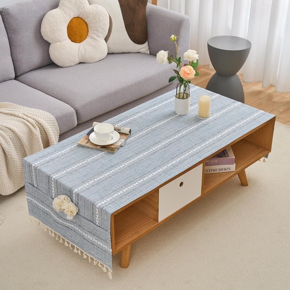 Rectangular Coffee Table Covers for Living Room Striped Embroidered Tablecloth Linen Cloth with Pockets and Tassels Washable Fabric Kitchen Housewarming Home Decor 2471 Inches Gray