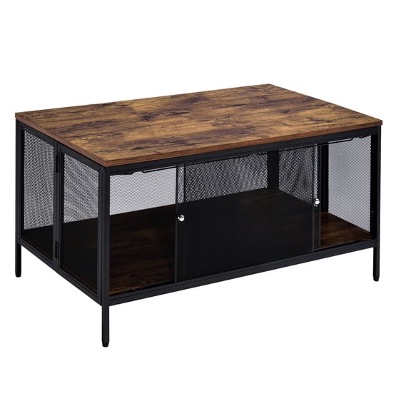 Rectangular Coffee Table In Black And Antique, 4 Sliding Doors Storage Antique Oak With Door Compartment - Living Room Essential Furniture