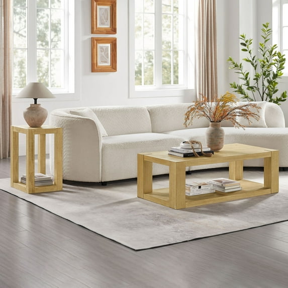 Rectangular Coffee Table Set of 2 with End Side Table, 2-Tier Wood Center Table with Sturdy Base and Open Shelf, Farmhouse Low Storage Table for Living Room, Home, Office, Apartment, Oak