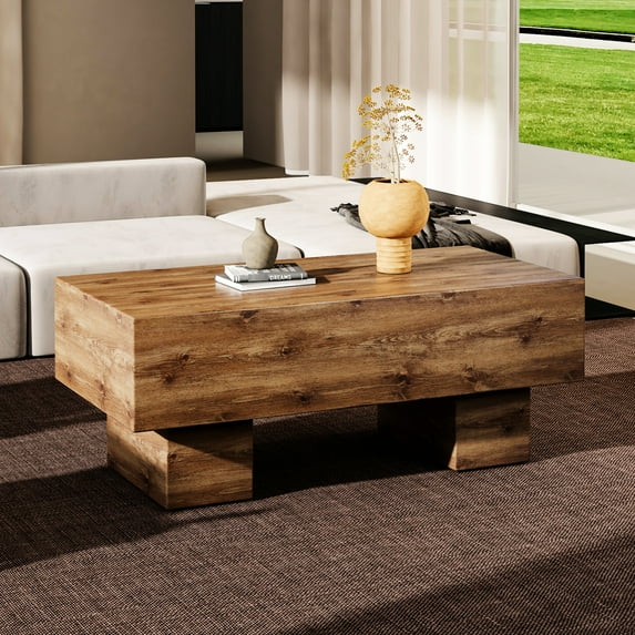 Rectangular Coffee Table With Construction And Wood Top Modern Stylish Wood Color For Living Room