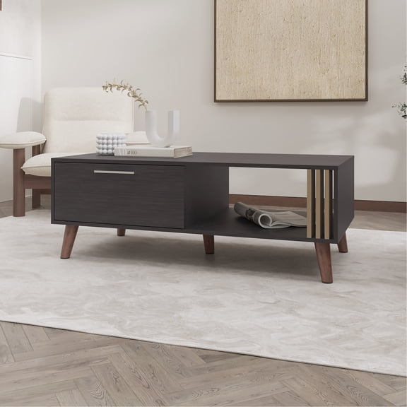 Rectangular Coffee Table With Material And Open Compartments, Scratch- Arm Door