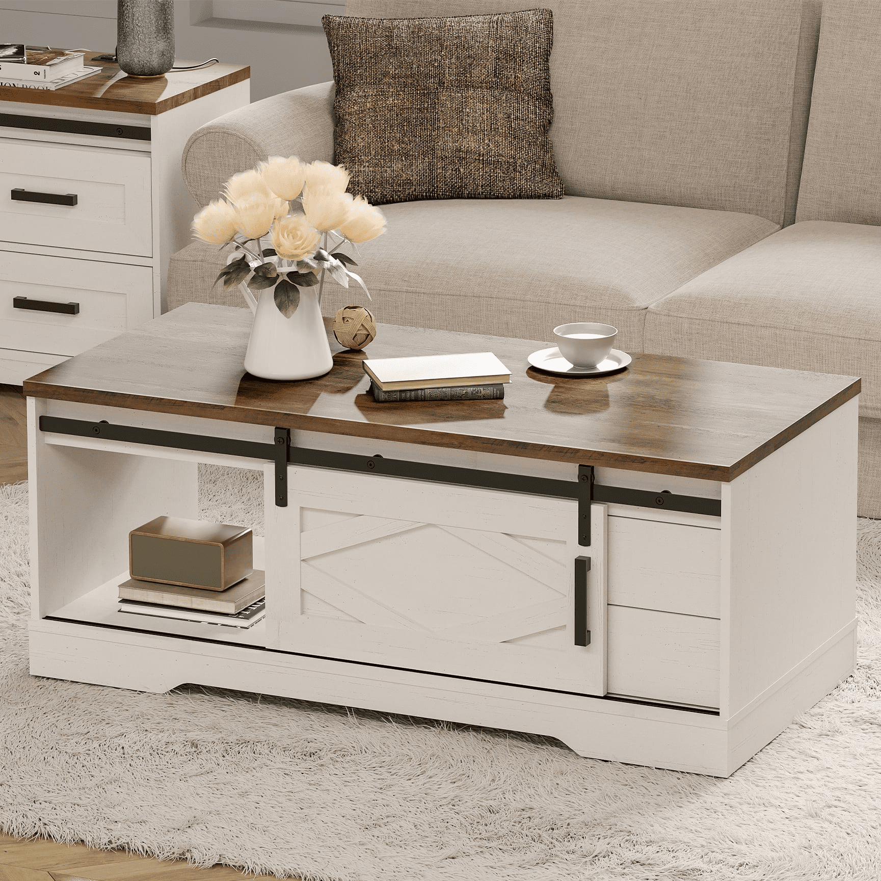 Rectangular Coffee Table with Sliding Barn Door, Center Table with Hidden Storage Compartment and Drawers for Living Room,Office,Antique White
