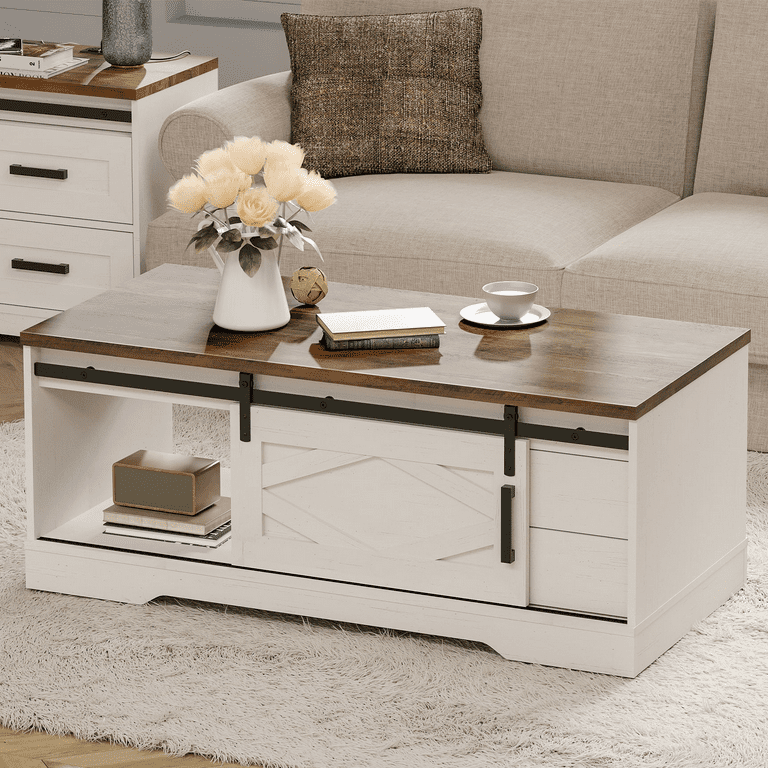 Rectangular Coffee Table with Sliding Barn Door Center Table with Hidden Storage Compartment and Drawers for Living Room Office Antique White