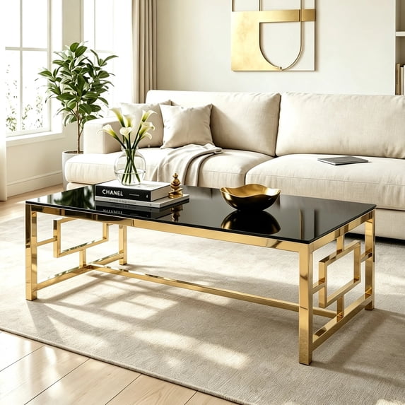 Rectangular Coffee Table with Tempered Glass Top and Interlocking ...