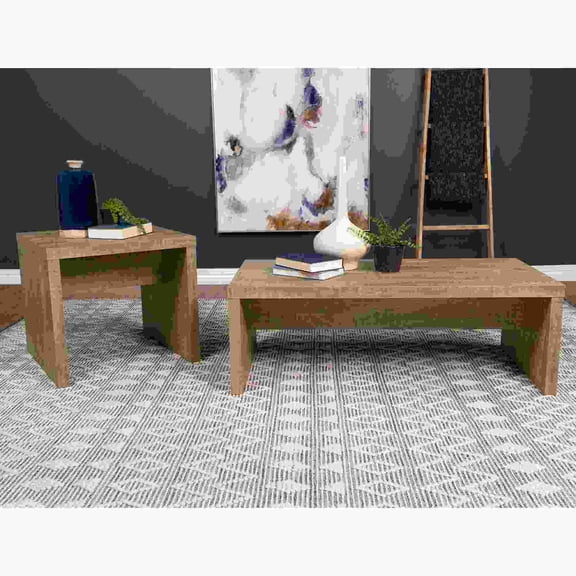 Rectangular Coffee and End Table Set with Mango Wood Grain Finish, Space Saving Living Room Furniture, 2 Piece Set for Small Spaces
