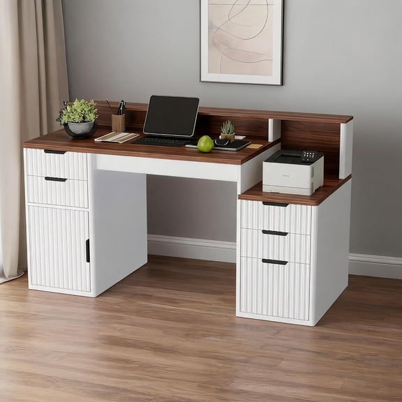 Rectangular Computer Desk with Hutch & Printer Stand, Ripple Door Storage Home Office Desk, Space-Saving Study Writing Desk for Bedroom, Sturdy Board Student Desk with Easy Assembly, Brown & White