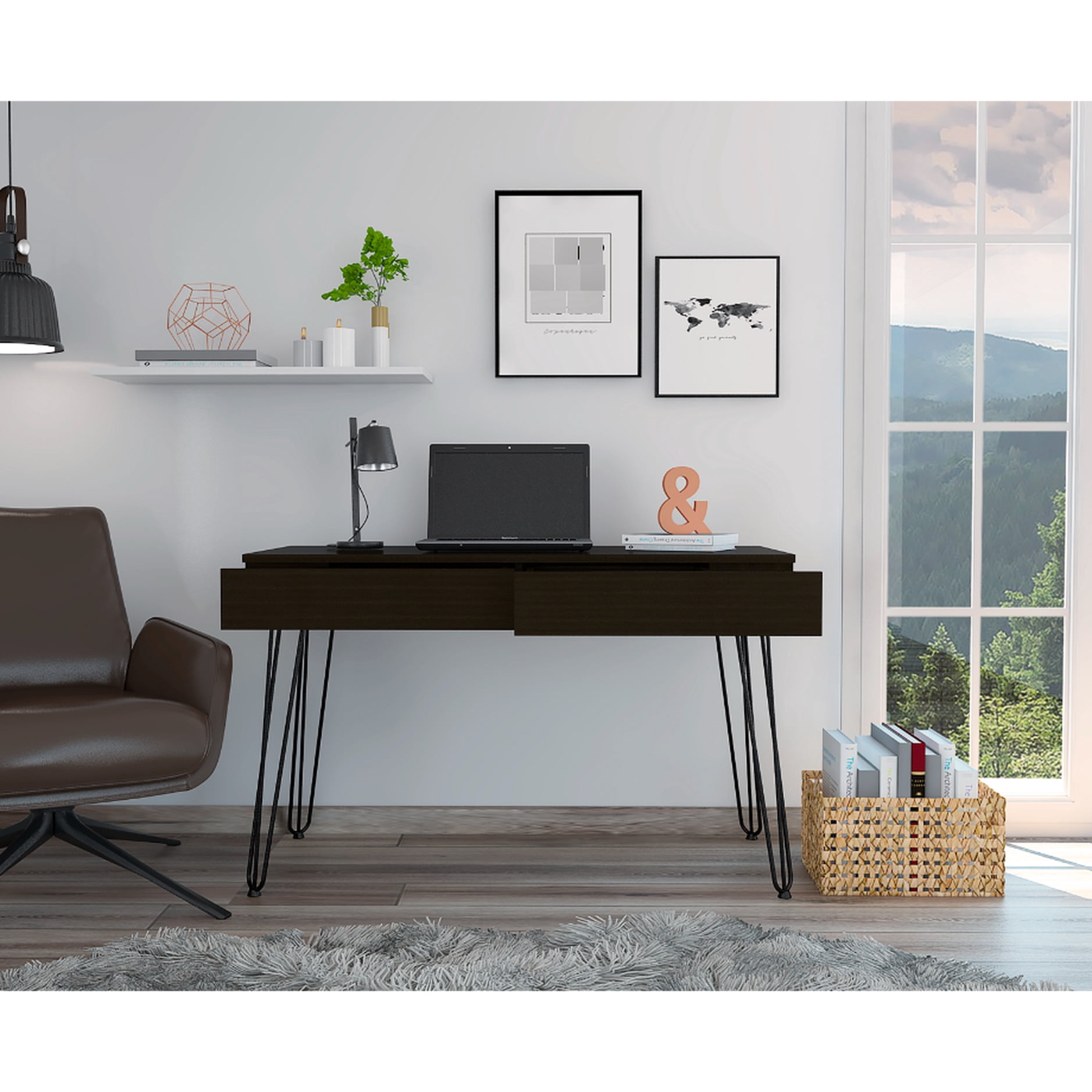 Rectangular Computer Desk With 2 Useful Drawers And Hairpin Legs In ...