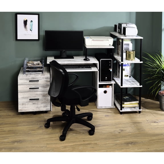 Rectangular Computer Desk With Metal Structure And Antique White & Black Storage Compartment Keyboard Tray In Appearance Style