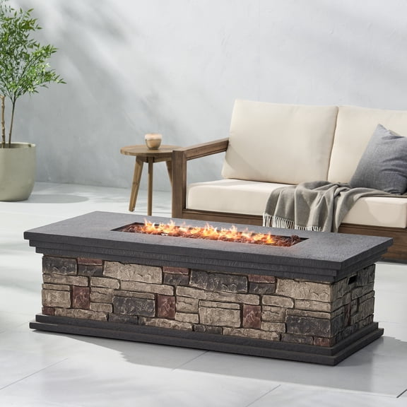 Rectangular Concrete Fire Pit with 50000 BTU Propane Gas Burner for Outdoor Patio and Backyard Gatherings, No Assembly Required with Lava Rocks