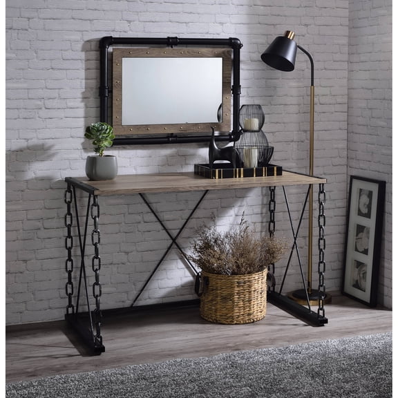 Rectangular Console Desk With Rustic Oak Top And Black Antique Metal Binding Table Legs,