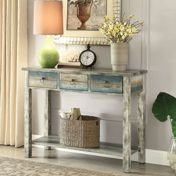 Rectangular Console Table In Antique Grey And Teal For Functional Home Decor Organization Decoration
