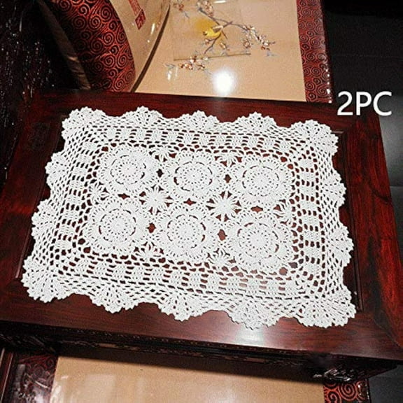 Rectangular Cotton Handmade Crochet Lace Table Runner Doilies for Coffee Table Dresser Scarf Décor,2PC