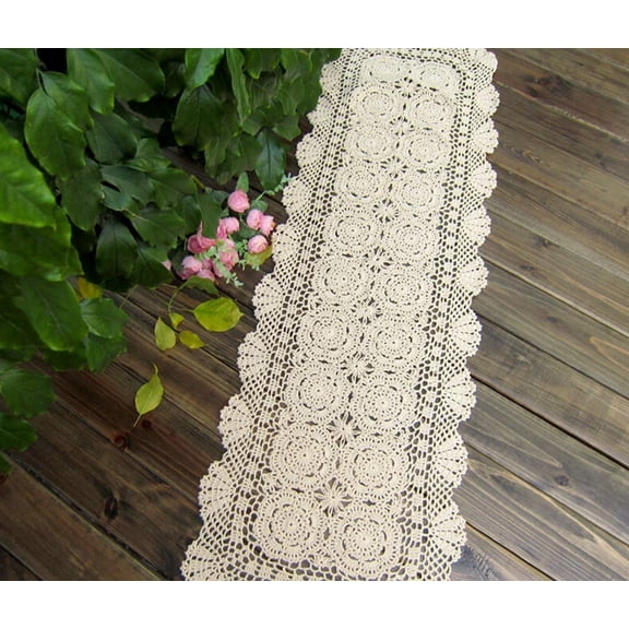Rectangular Cotton Handmade Crochet Lace Table Runner Knitted Flower Pattern Perfect for Weddings & Home Decor Vintage Doily Table Dresser Scarf 16 x 27 Inches Beige