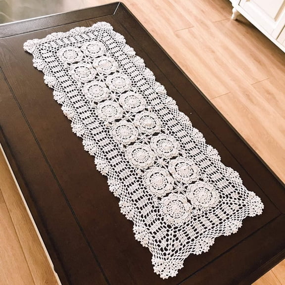 Rectangular Cotton Handmade Crochet Lace Table Runner Vintage Doily Table Dresser Scarf 16 x 27 Inches White Knitted Flower Pattern Perfect for Weddings & Home Deco