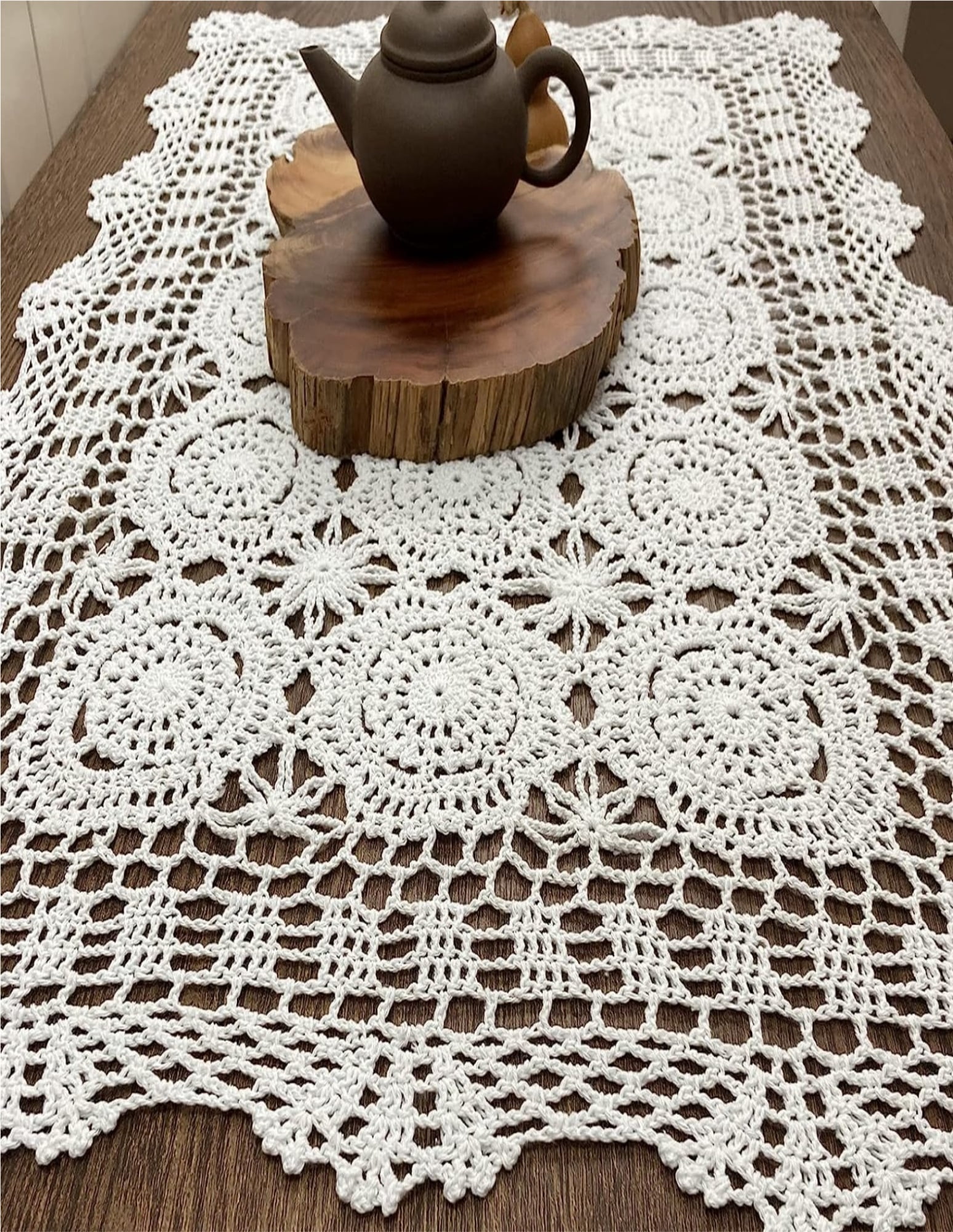 Rectangular Cotton Handwork Crochet Lace Table Runner Cloth Doilies, Table Centerpieces for Dining Room