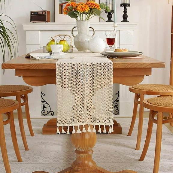 Rectangular Cotton Handwork Crochet Table Runner Cloth Doilies , Beige Table Centerpieces Cover for Dining Room