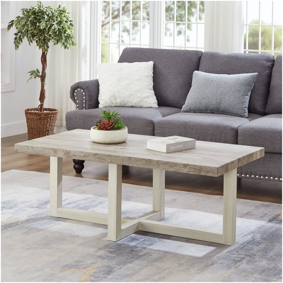 Rectangular Cross-Base Coffee Table for Primary Living Space, Weathered Gray and Beige MDF Construction