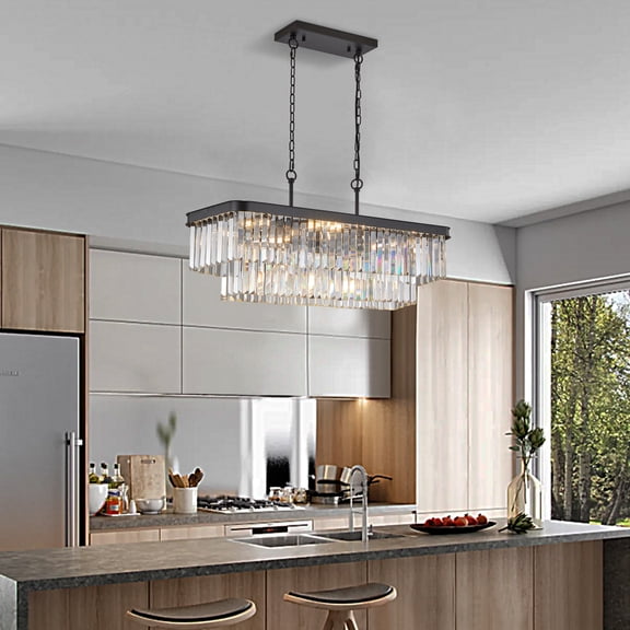 Rectangular Crystal Chandelier, E12 Modern Industrial Crystal Lights, Adjustable Farmhouse Iron Ceiling Hanging Light for Kitchen Living Room Bedroom, Black