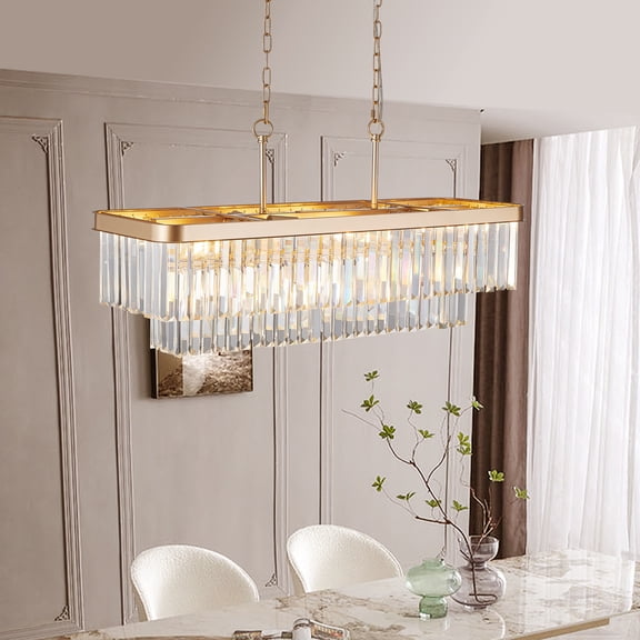 Rectangular Crystal Chandelier, E12 Modern Industrial Gold Ceiling Light, Adjustable Farmhouse Iron Hanging Lamp for Kitchen Living Room Bedroom (Bulb Not Included)