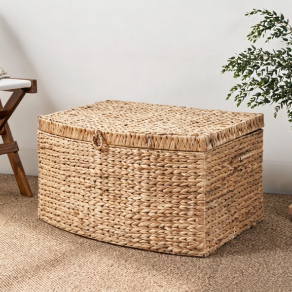 Rectangular Curved Water Hyacinth Wicker Storage Trunk with Handles, Natural Brown Woven Storage Chest Organizer for Clothes, Toys, Books & Home Organization