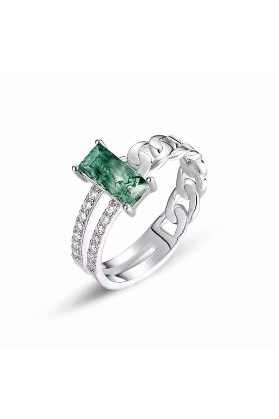 Rectangular Cut Lab Created Moss Agate & Diamond Stackable Eternity Engagement Ring in 925 Sterling Silver for Her - Elegant and Modern Jewelry