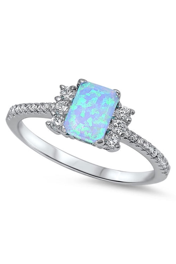 Rectangular Cut Light Blue Simulated Opal Sterling Silver Size 8