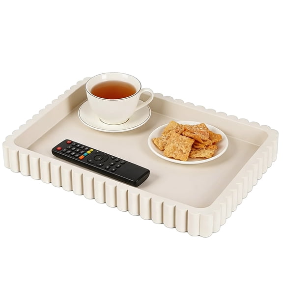 Decorative Tray 14x10 Inch, Concrete Look Coffee Table Tray with Scalloped Edge for Ottoman, Home Decor Organizer, Neutral White