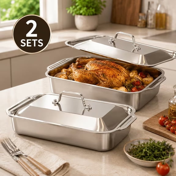 Rectangular Deep Stainless Steel Roasting & Lasagna Pan, Heavy Duty Bakeware with Tight Fitting Lid, Safe for Oven and Refrigerator, Perfect for Meat Roasts, Braising, Casseroles and Leftover Storage