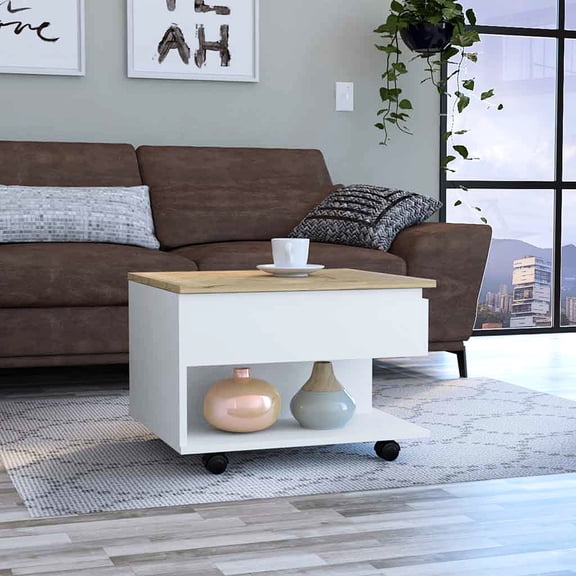 Rectangular Desk Design - Lift Top Hidden Storage - Primary Living Room - Open Shelf for Decor Display