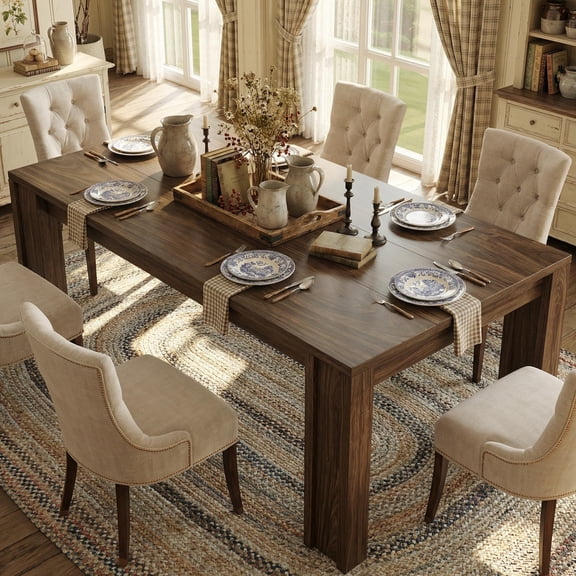 Rectangular Dining Table for 4-6 People, 71 Inch Kitchen Dining Room Table with Double Edge Line Design, Modern Wooden Dinner Table for Home Family Gatherings, Living Room Furniture