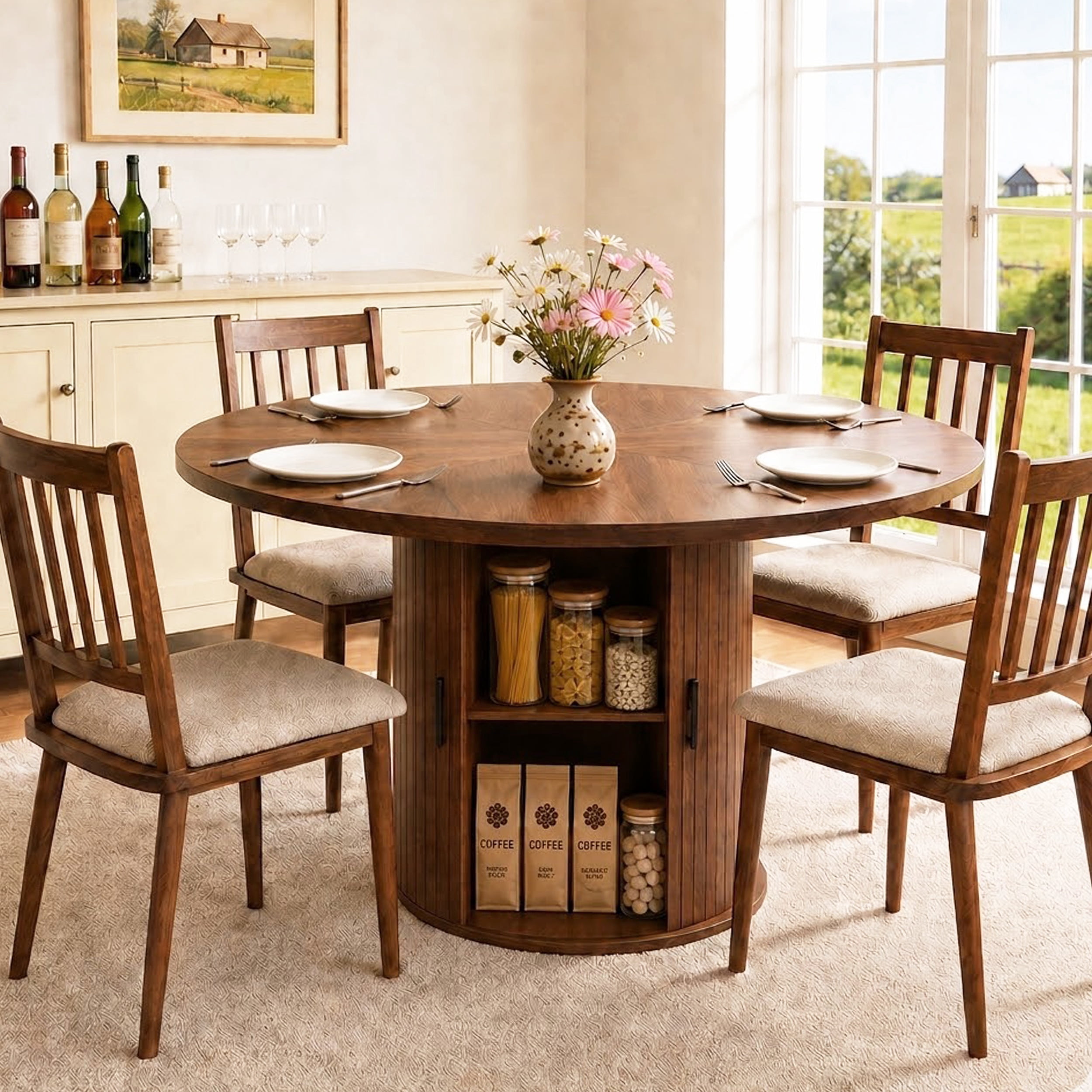 Round Dining Table for 4-6, PAPROOS 47'' Large Wood Kitchen Table, Dining Room Table with Storage & Wide Tabletop, Circle Dining Table Dinner Table for Kitchen Dining Room, Brown(Only Table)